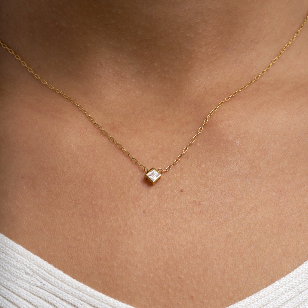 9 Carat Gold Clear Square Stone Necklace