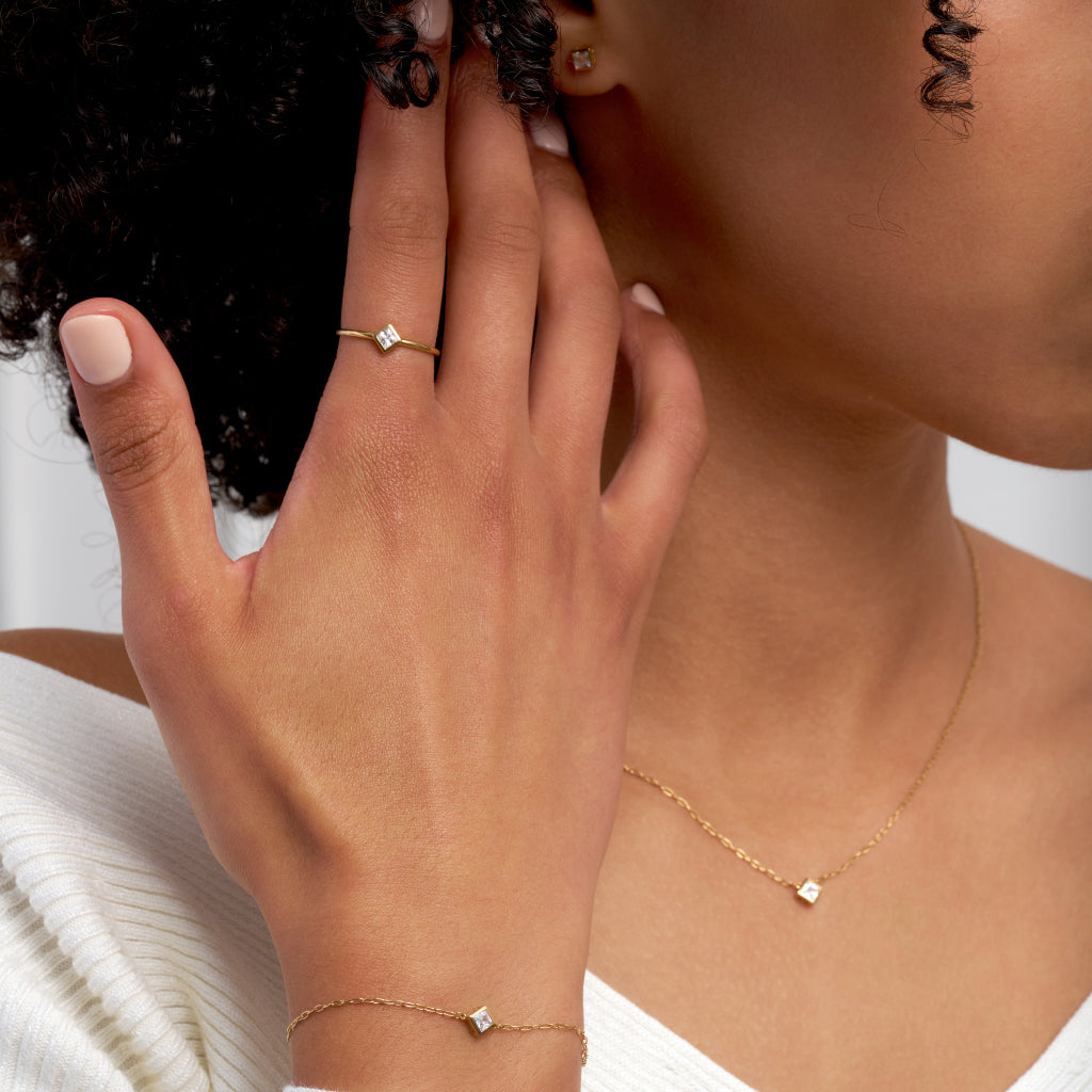 9 Carat Gold Clear Square Stone Necklace