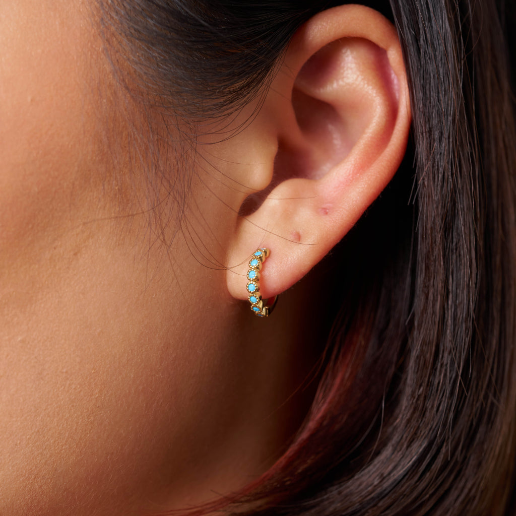 Gold Turquoise Coloured Stone Huggie Earrings