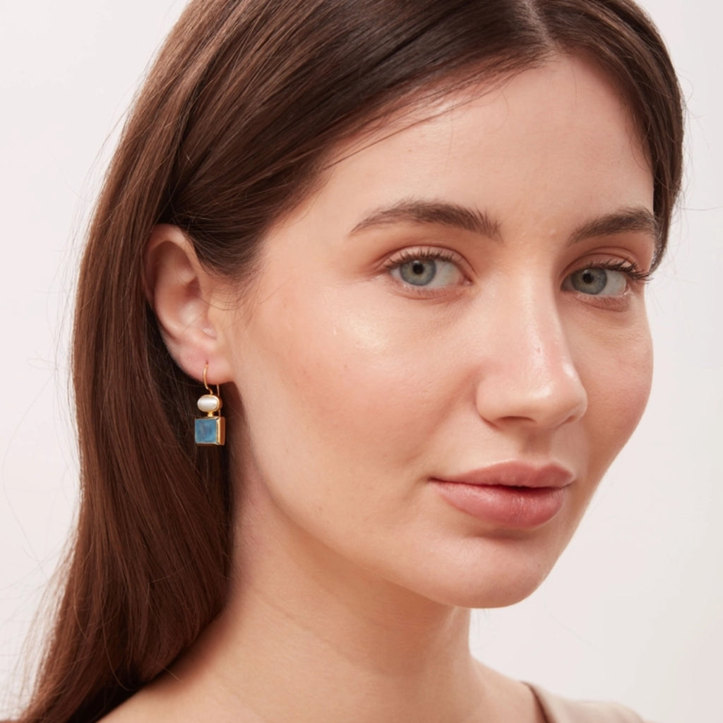 Gold Gemstone Square Drop Earrings | Danae | Noyre