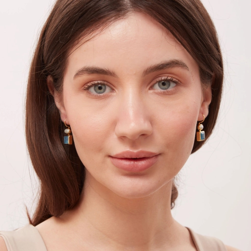 Gold Gemstone Square Drop Earrings | Danae | Noyre