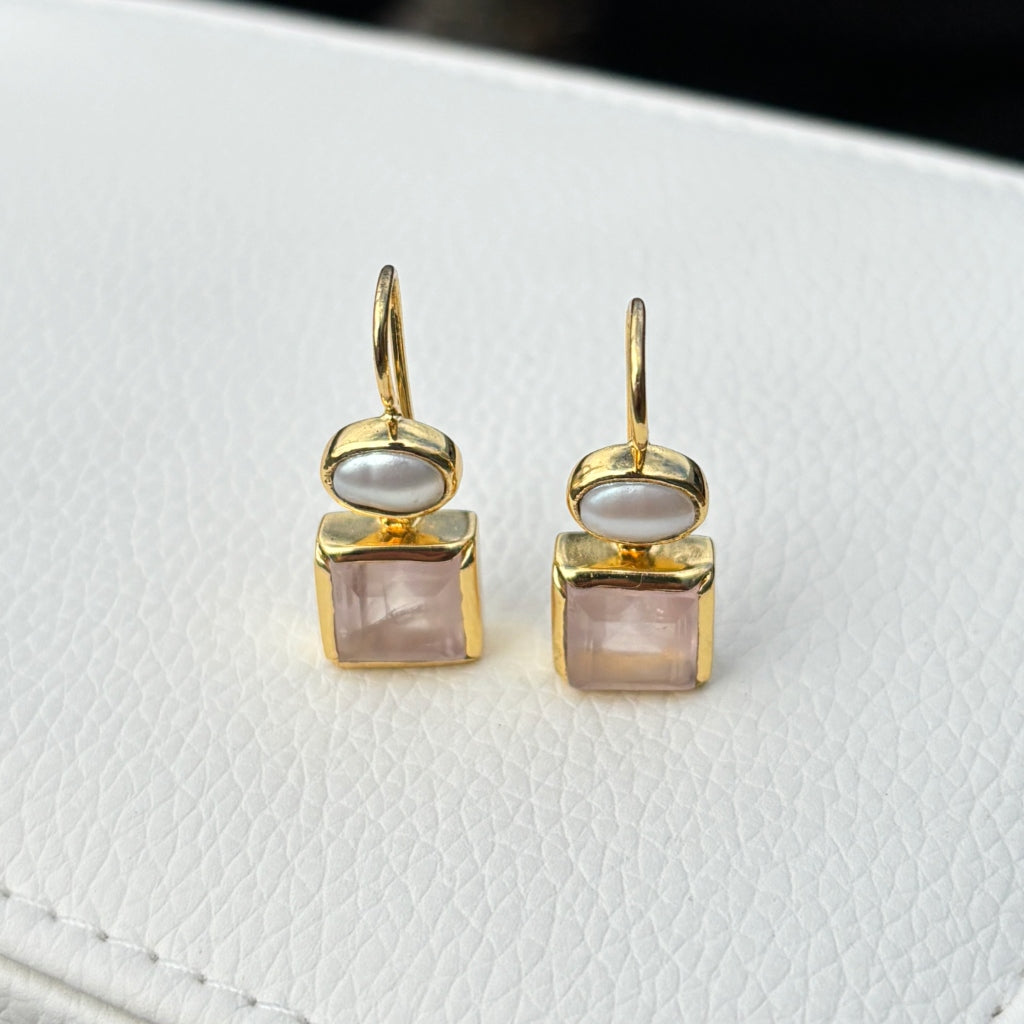 Gold Gemstone Square Drop Earrings