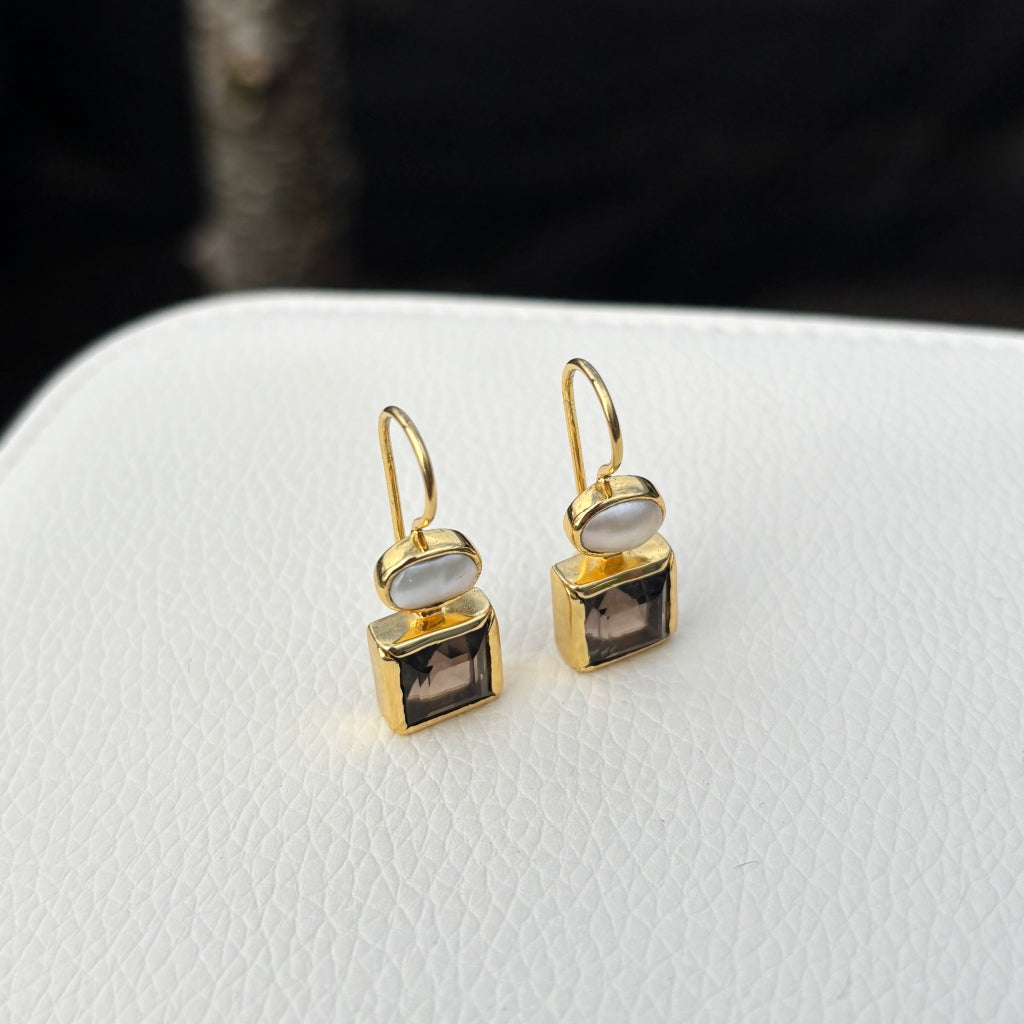 Gold Gemstone Square Drop Earrings