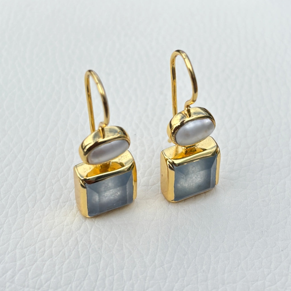 Gold Gemstone Square Drop Earrings