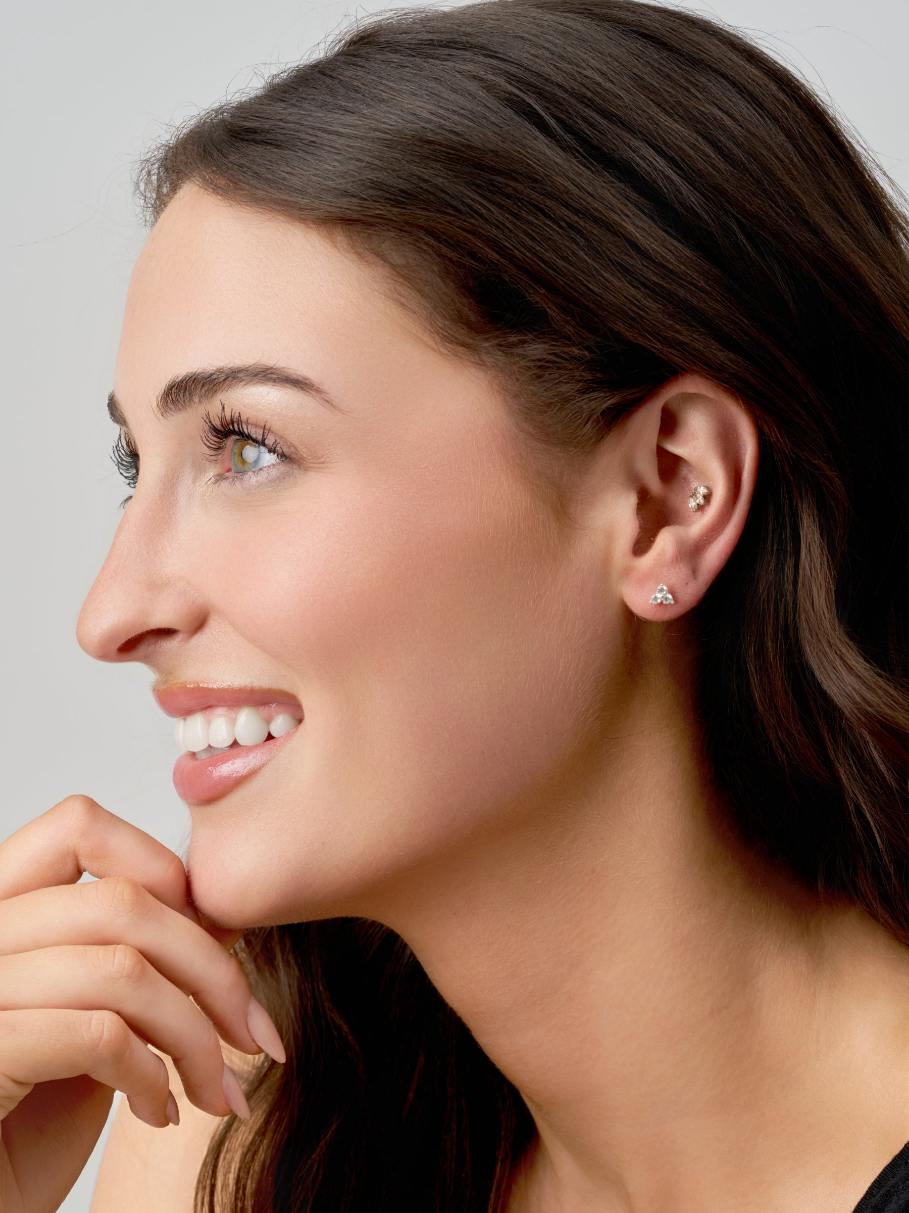 Silver Dainty Three Stone Stud Earrings | Sena