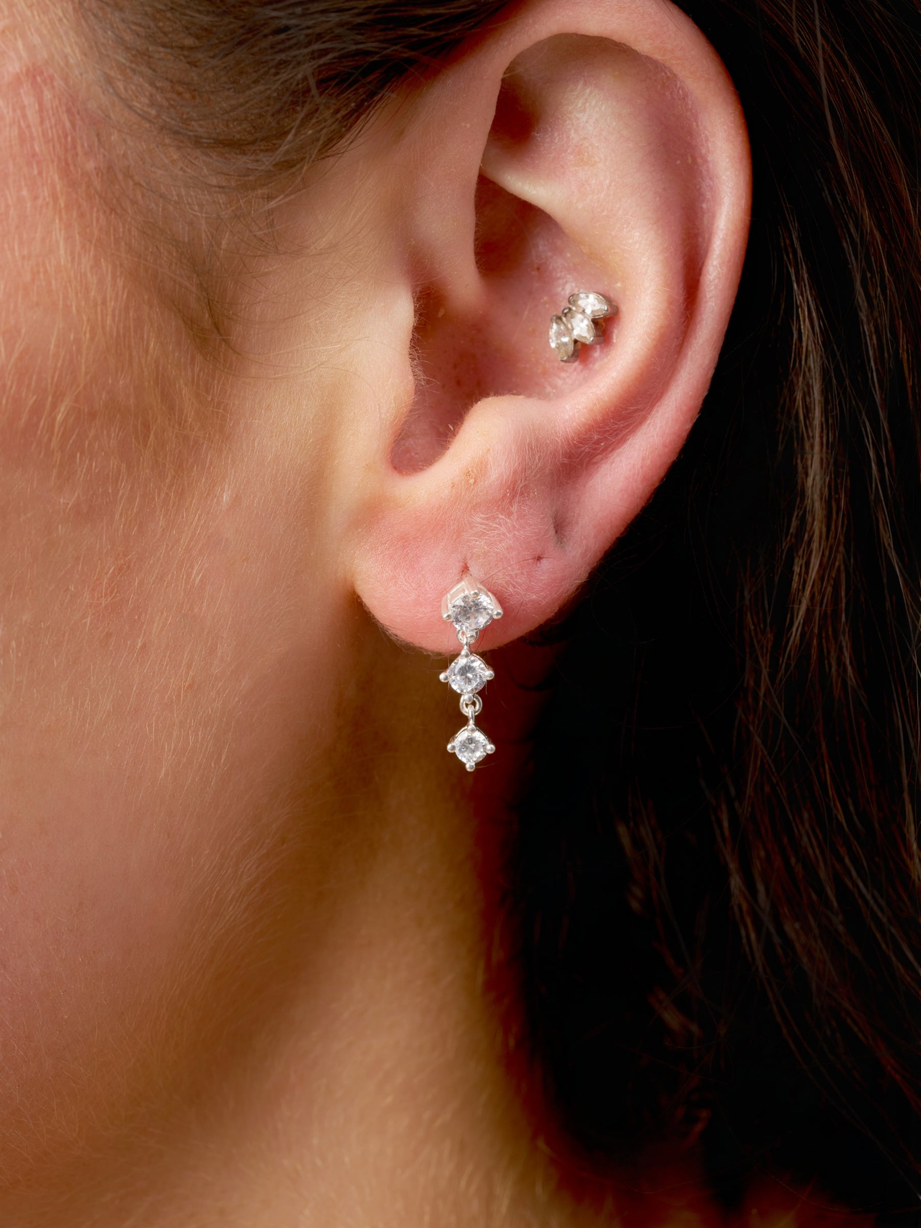 Silver Three Stone Drop Stud Earrings | Charlene