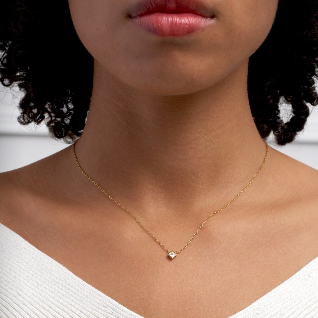 9 Carat Gold Clear Square Stone Necklace