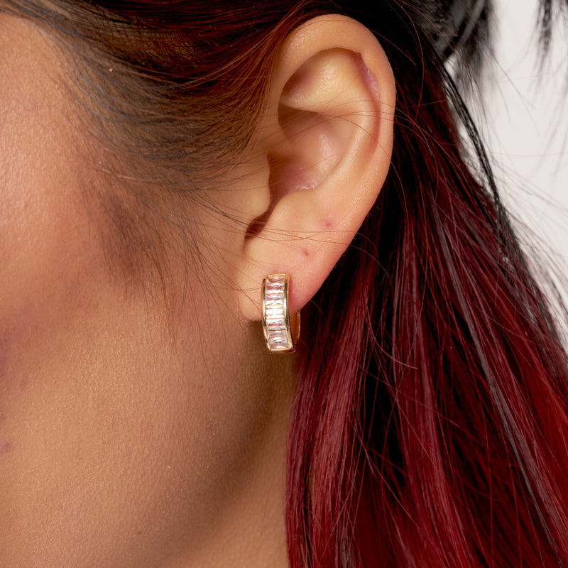 Gold Clear Stone Baguette Huggie Hoop Earrings 