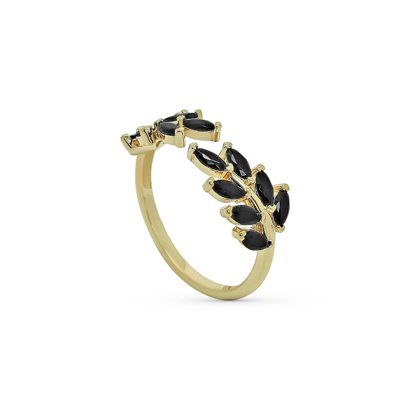Gold Crystal Leaf Ring Black