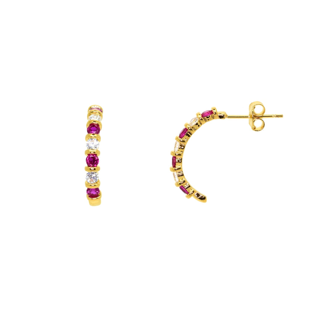 Gold Curved Half Hoop Stud Earrings Pink