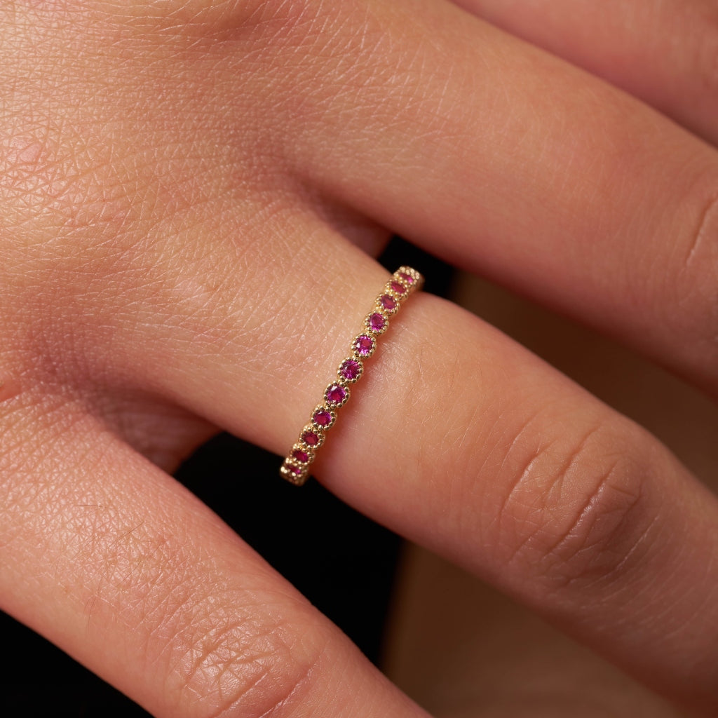 Gold Delicate Coloured Stone Eternity Ring Cerise Pink