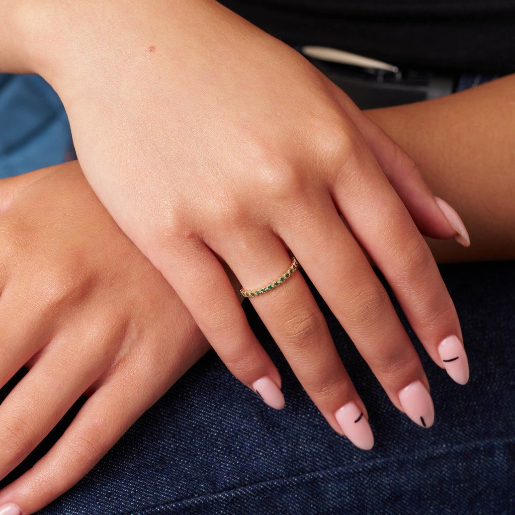 Gold Delicate Coloured Stone Eternity Ring Emerald