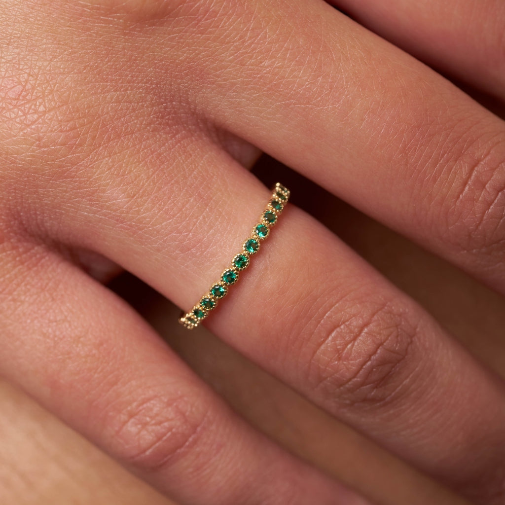 Gold Delicate Coloured Stone Eternity Ring Emerald