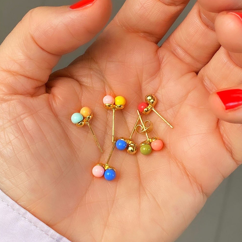 Gold Enamel Double Ball Single Stud Earring