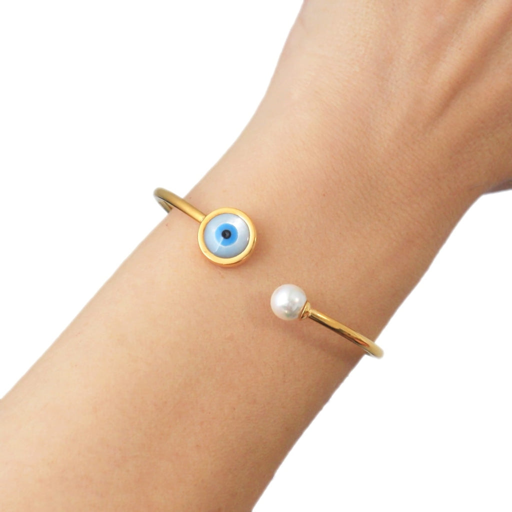 Gold Evil Eye & Pearl Bangle Bracelet | Anartxy