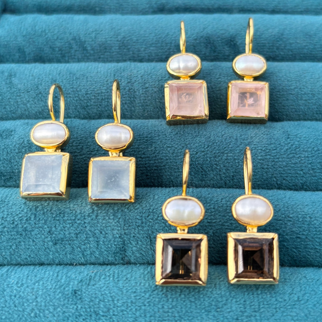 Gold Gemstone Square Drop Earrings