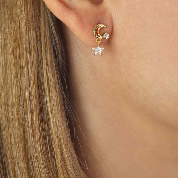Gold Moon & Star Dangle Ball Back Stud Earrings | Anartxy