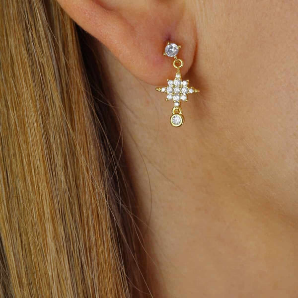 Gold North Star & Clear Stone Drop Ball Back Stud Earrings | Anartxy