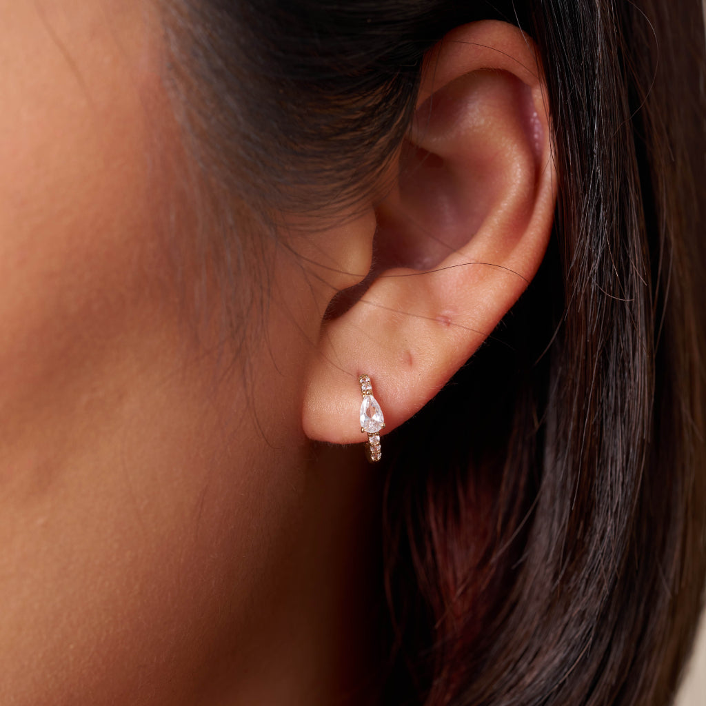 Gold Pear Cut Stone Huggie Hoop Earrings