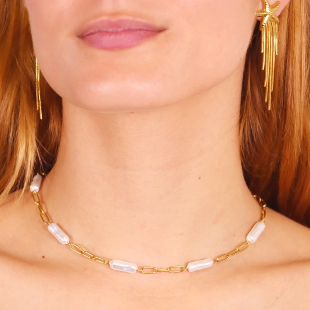 Gold Baroque Pearl & Paperclip Chain Necklace | Anartxy