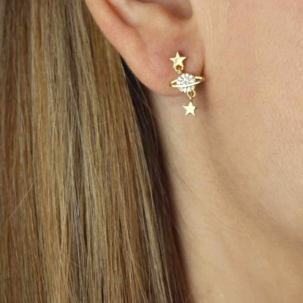 Gold Planet & Stars Ball Back Stud Earrings | Anartxy