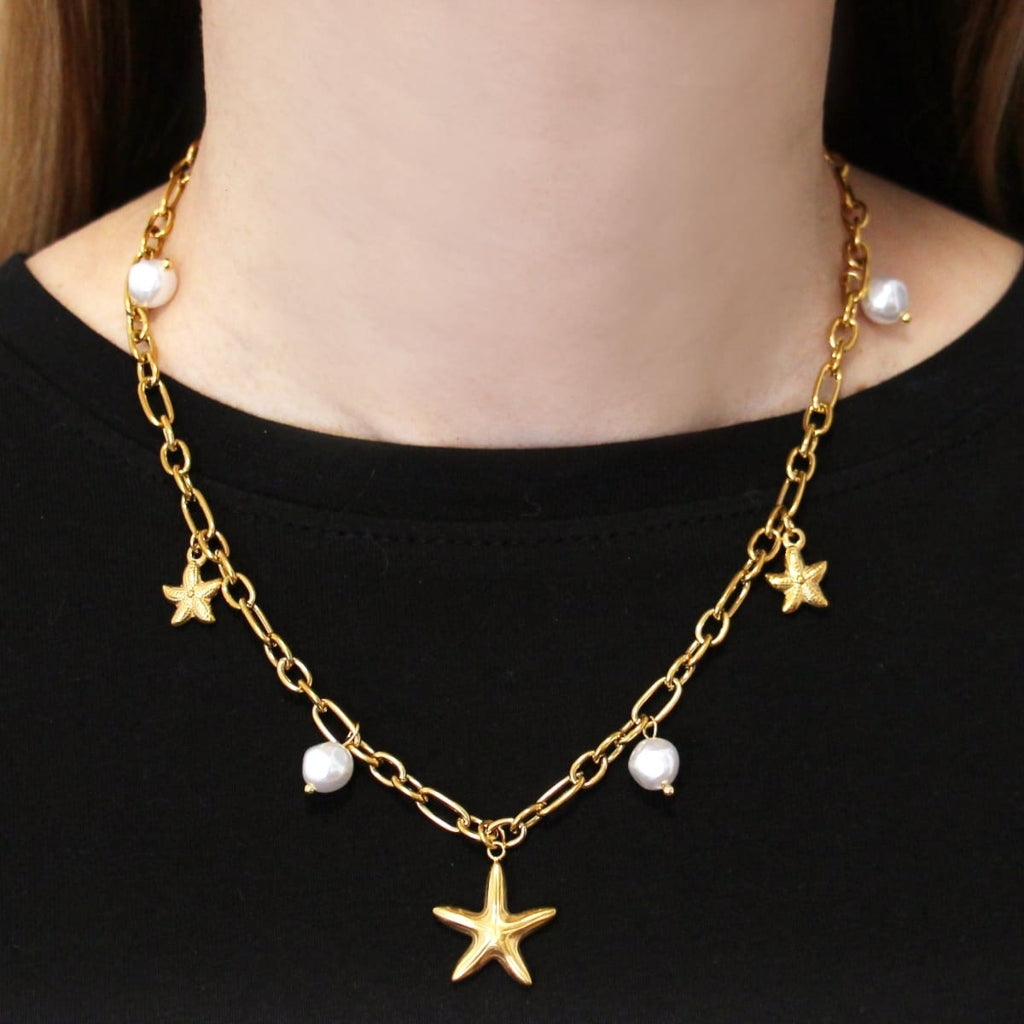 Gold Starfish & Pearl Charm Necklace | Anartxy