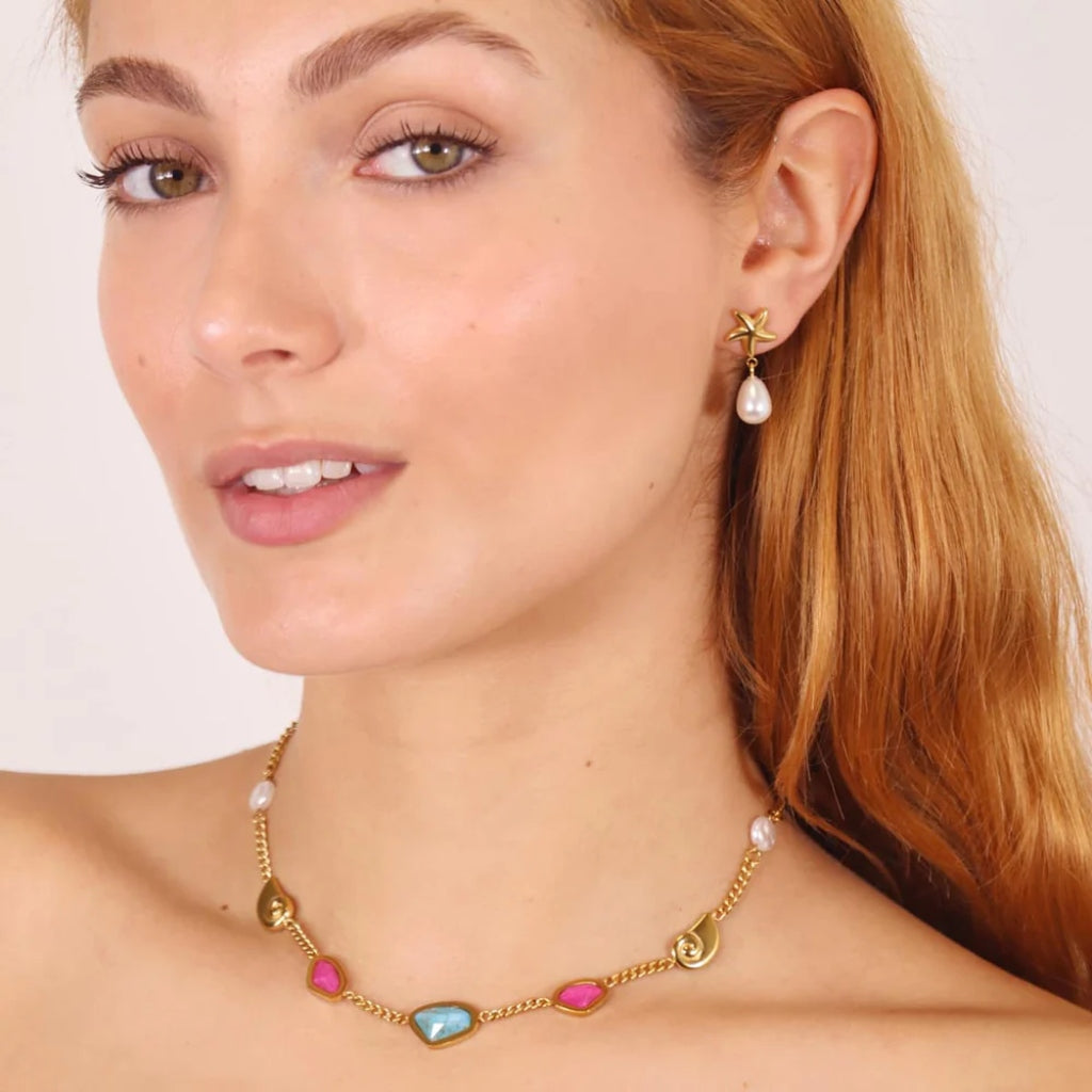 Gold Starfish & Pearl Charm Stud Earrings | Anartxy