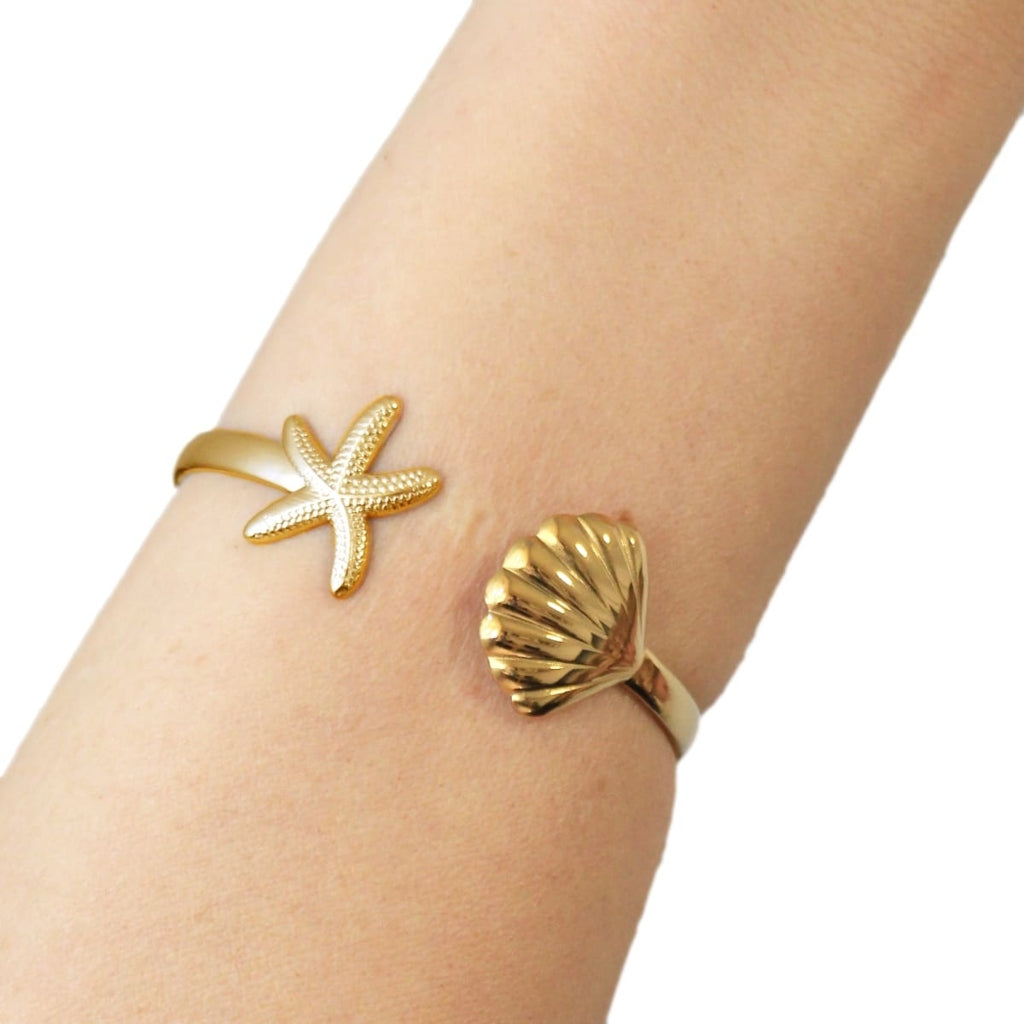 Gold Starfish & Shell Bangle Bracelet | Anartxy