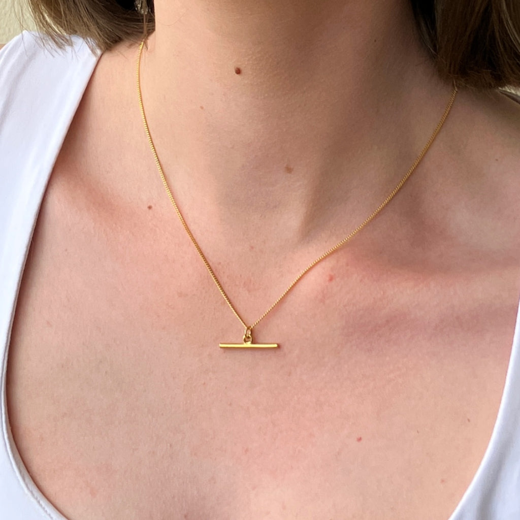 Gold T-Bar Necklace with Curb Chain