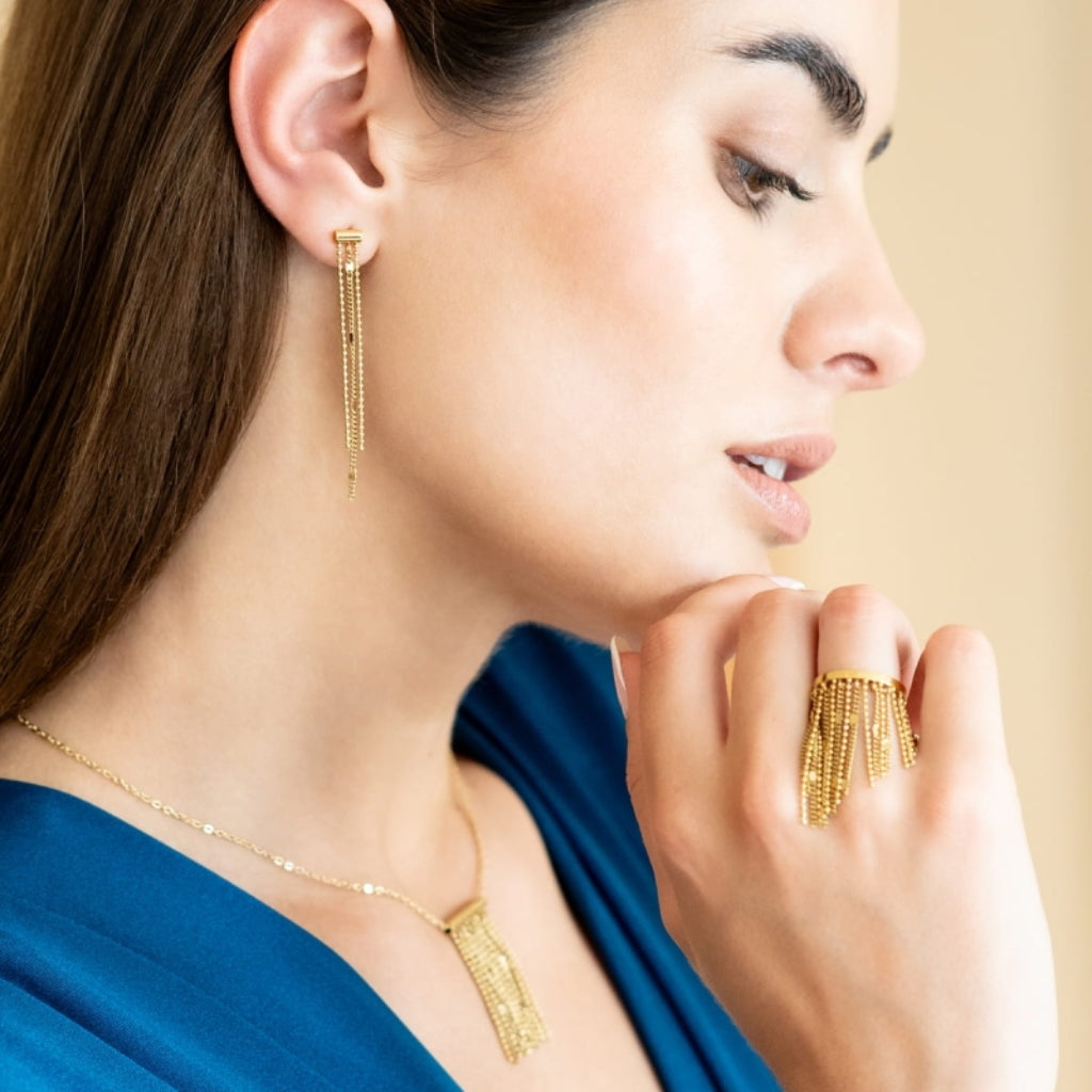 Gold Three Strand Drop Stud Earrings | Anartxy