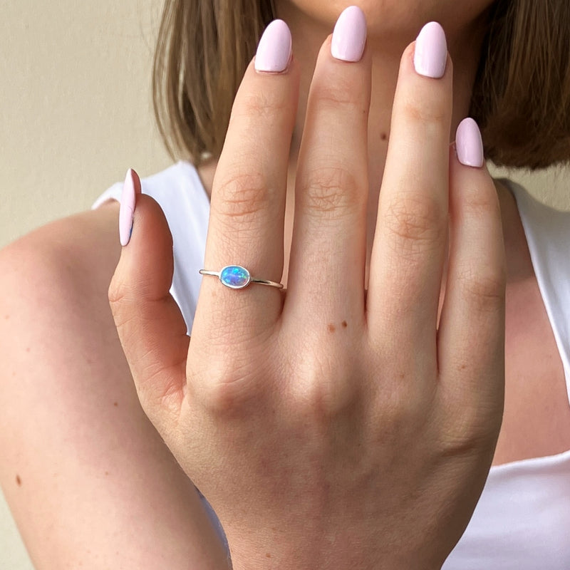 Silver Blue Oval Opal Ring 