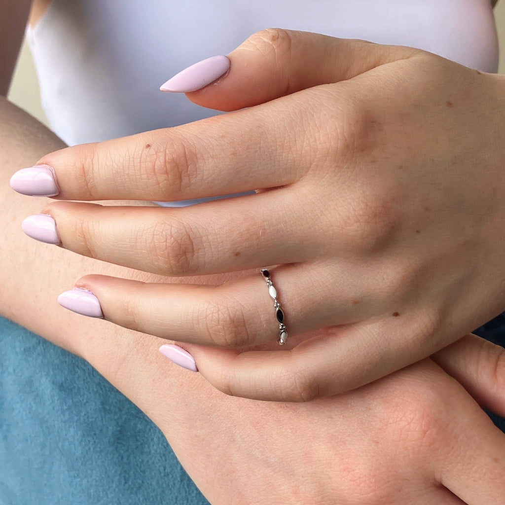 Silver Black and White Band Ring