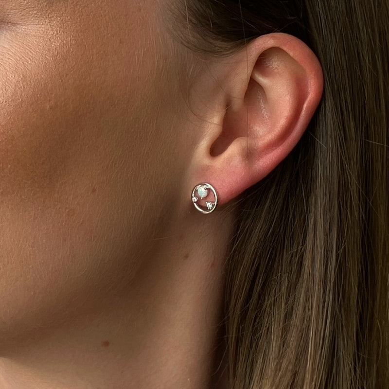 Silver Circle Opal Stud Earrings