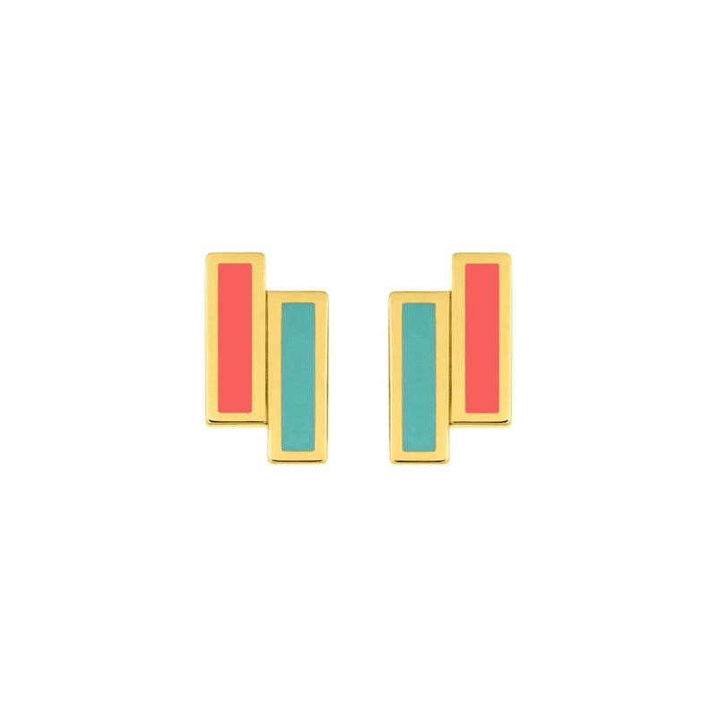 Siso Gold Coral and Green Rectangle Stud Earrings