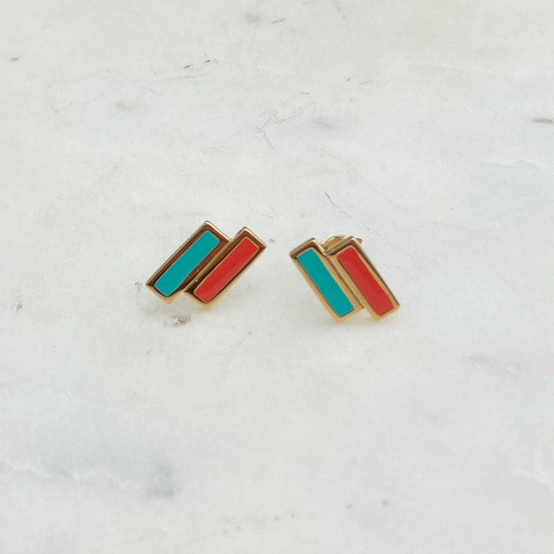 Siso Gold Coral and Green Rectangle Stud Earrings