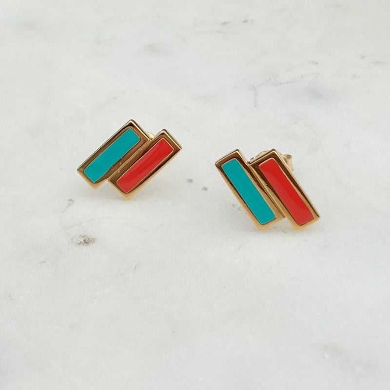 Siso Gold Coral and Green Rectangle Stud Earrings