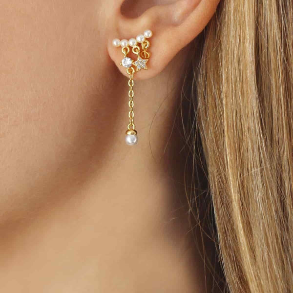 Star & Pearl Chain Ball Back Stud Earrings | Anartxy