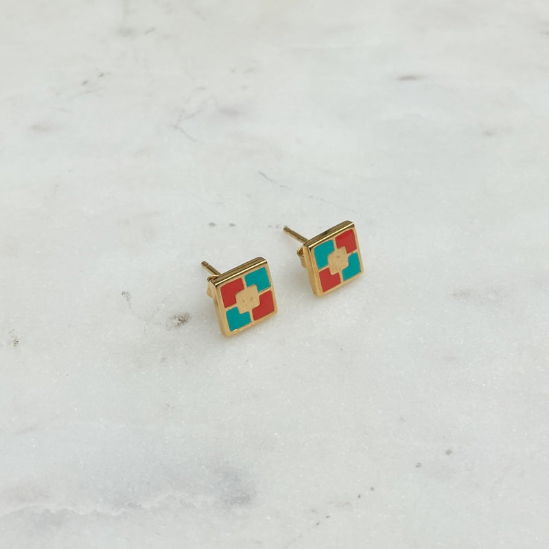 Zoza Gold Coral and Green Square Stud Earrings