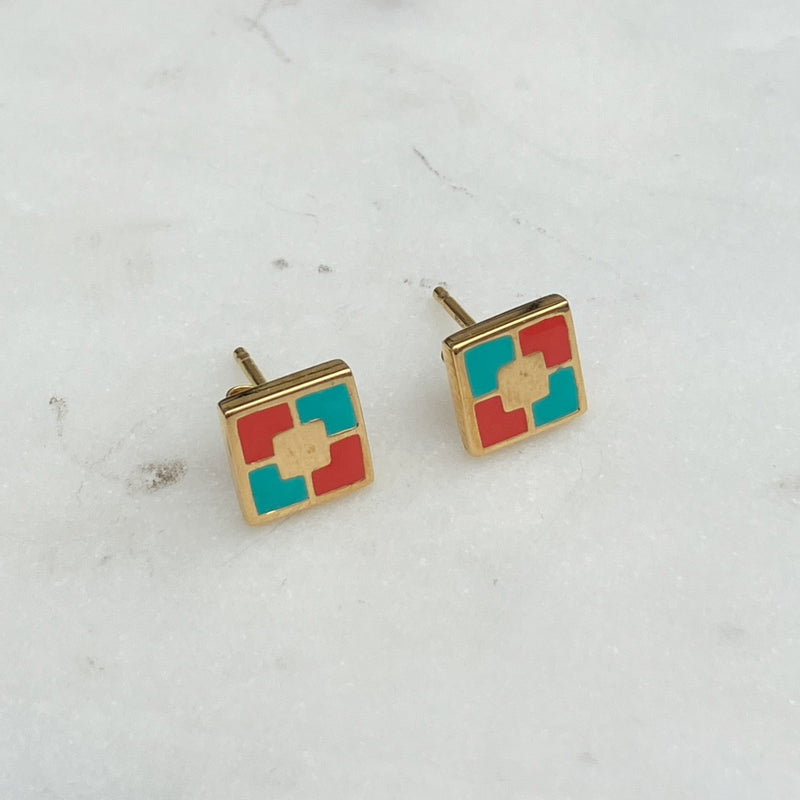 Zoza Gold Coral and Green Square Stud Earrings