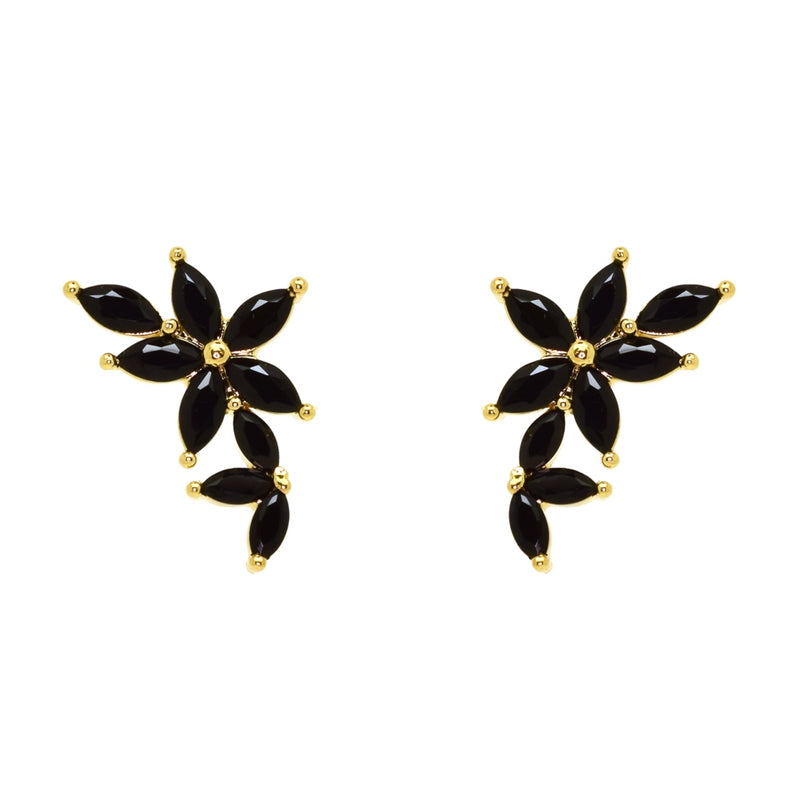 Gold Floral Climber Stud Earrings Black