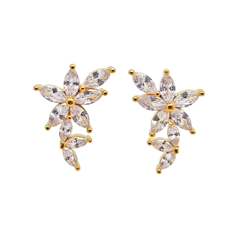 Gold Floral Climber Stud Earrings Clear